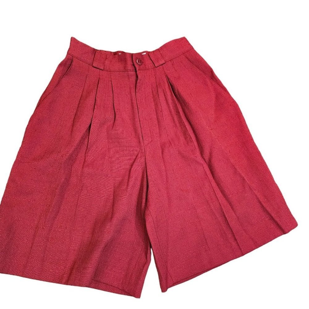 90s Womens XS Red Pleated Shorts Highwaist‎ Textured Woven Inseam 8 Bagg Leg